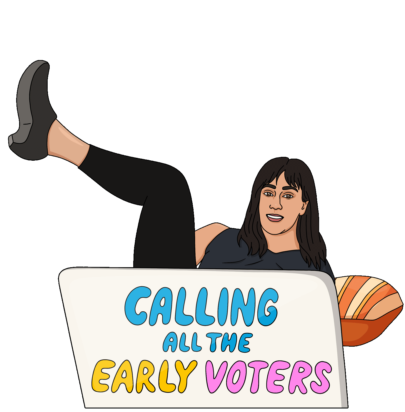 Illustration of a person lounging with leg raised, behind a sign reading "Calling all the early voters." Digital marketing By Nora Fikse animated stickers gifs bynorafikse