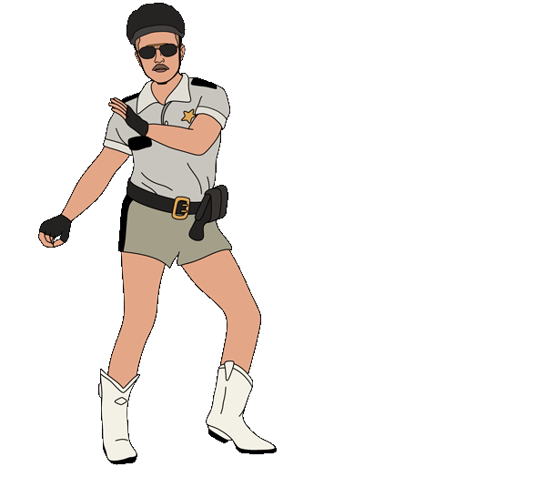 Illustration of a person in a police uniform wearing aviator sunglasses, a hat, shorts, white boots, and a belt with a holster, posing confidently. Digital marketing By Nora Fikse animated stickers gifs bynorafikse