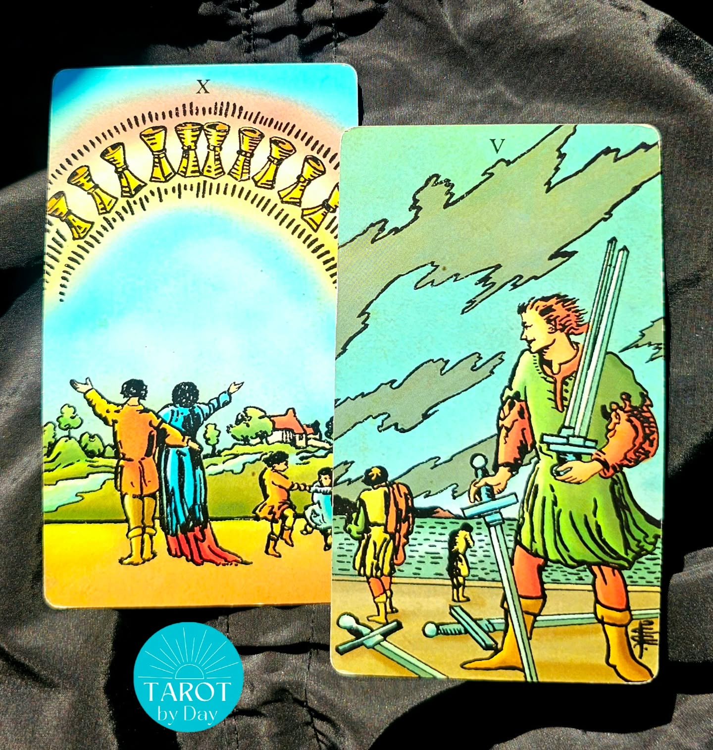 Today brings us the 10 of Cups &amp; 5 of Swords!💞🪐⚔️ In the midst of 5 planets moving &amp; the moon in Cancer, emotions may feel messy. Ups &amp; downs are essential parts of our experience. We grow when we learn from our perceived losses. The cy