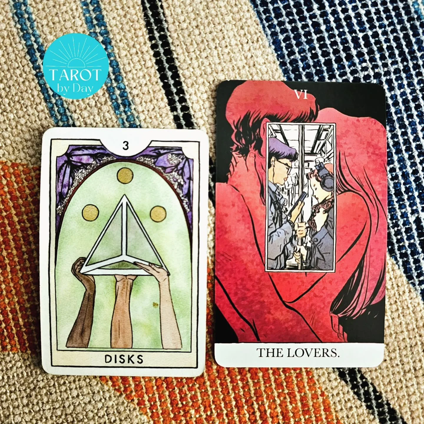 The Lovers is stealing the spotlight in Sagittarius season, joined today by the 3 of Pentacles or Disks!❤️&zwj;🔥💋💥 This firey time makes us brave &amp; fuels us to go all in on something we desire. You're attractive &amp; shining brightly to other