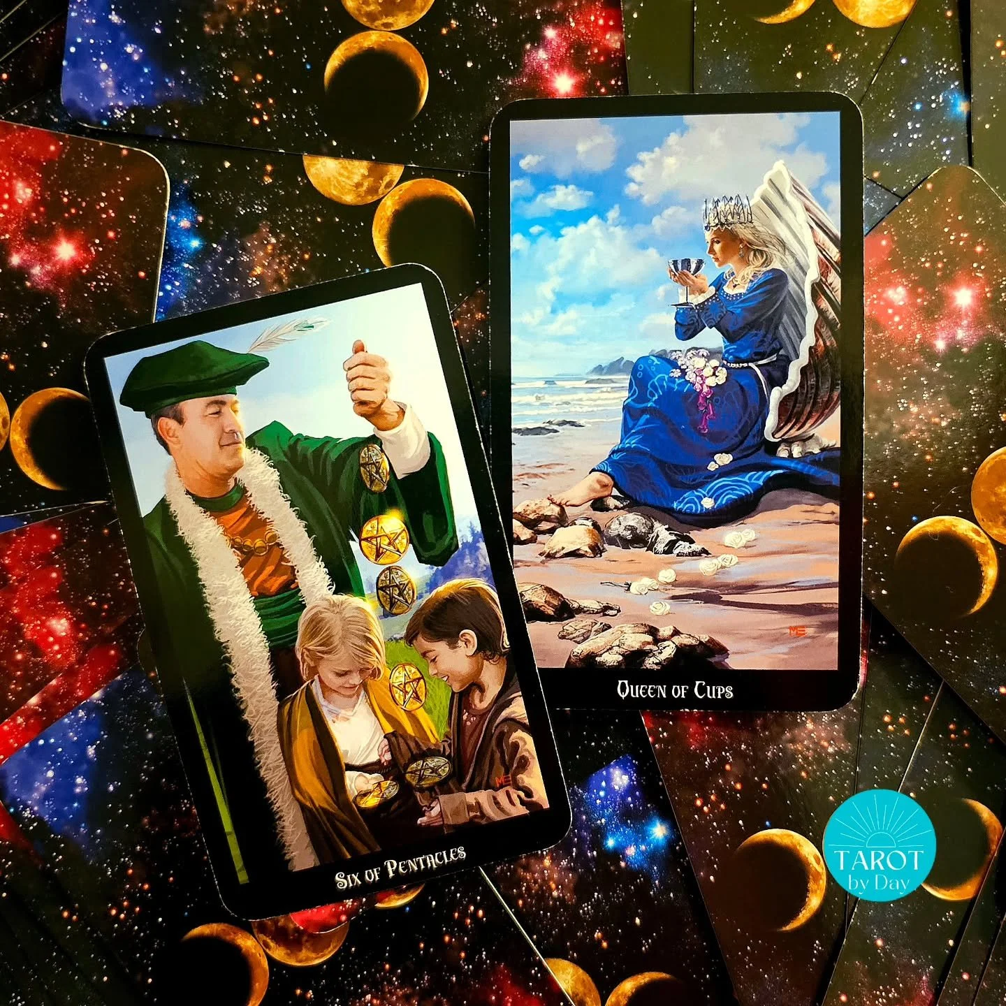 Today brings us the 6 of Pentacles &amp; Queen of Cups once more!🪙💕👑 The sun &amp; moon meet in beautiful balanced Sagittarius today. It's the time when we share thanks for our loved ones. But it's okay if you would also like to receive authentic 