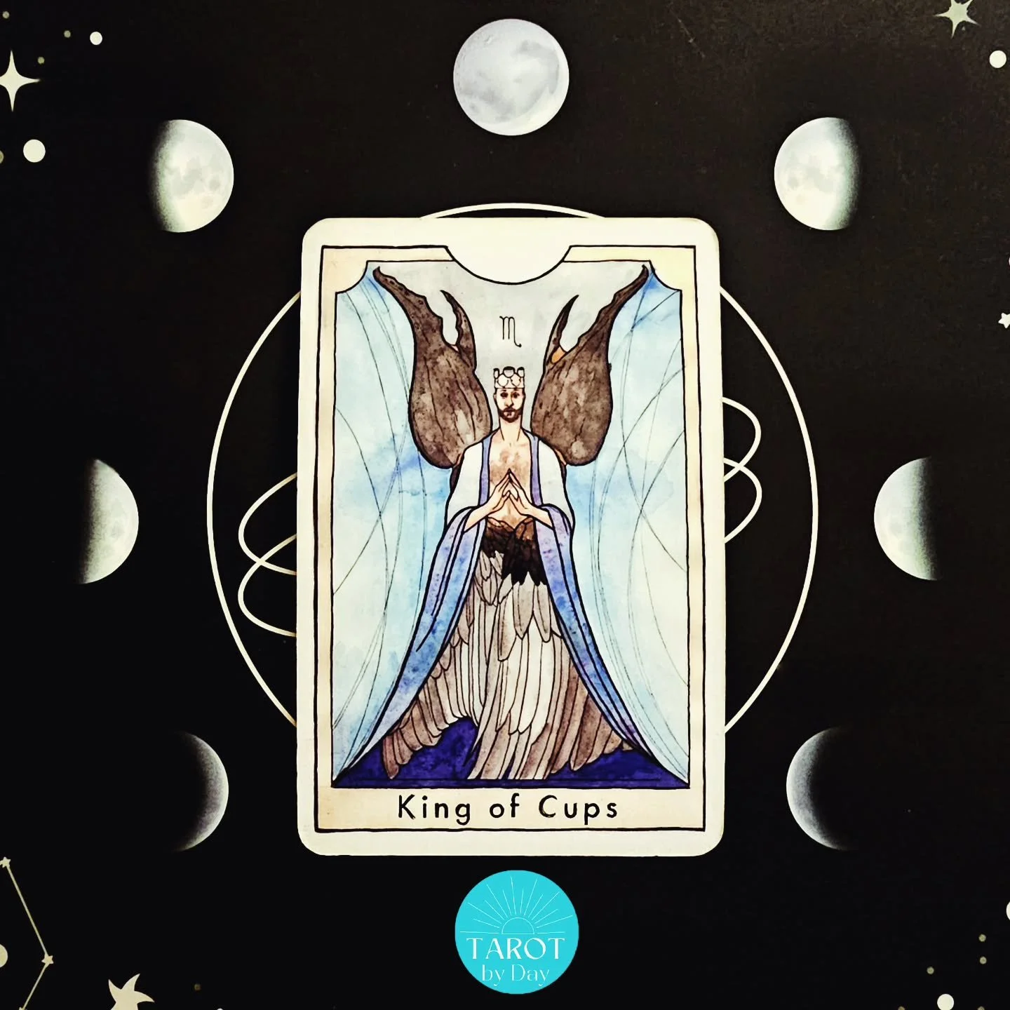 Today brings us the King of Cups &amp;... the 500th @tarotbyday post!!💕👑🫗 The full moon illuminated the duality within us, we both think &amp; feel. Using your intellect to understand your emotions is important, but so is feeling them in your body