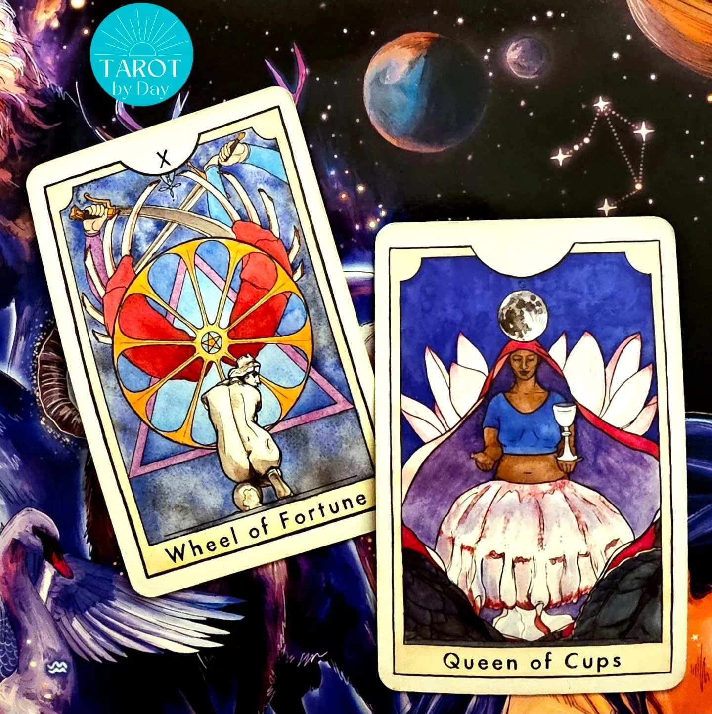 Today brings us the Wheel of Fortune &amp; Queen of Cups!🎡💕🪐 Venus joins the sun in Aquarius, offering a new perspective on our love lives. Who &amp; what we love are being called into question. Knowing why we love is understanding the deepest ess