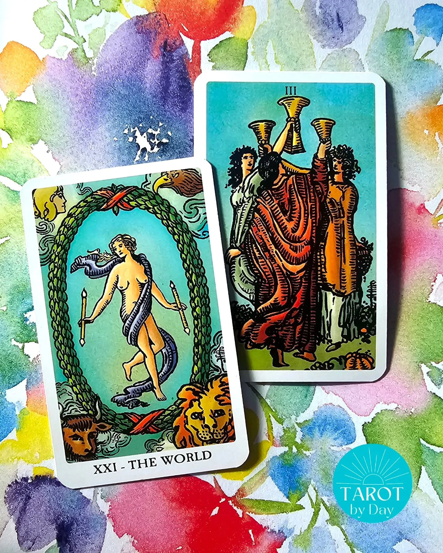 Today brings us the World once more &amp; the 3 of Cups!🌍🫗💕 This firey full moon in Leo begs us to play! Everything is heavy. No one can escape the dense reality we currently occupy. We're being called to balance this energy through connection &am