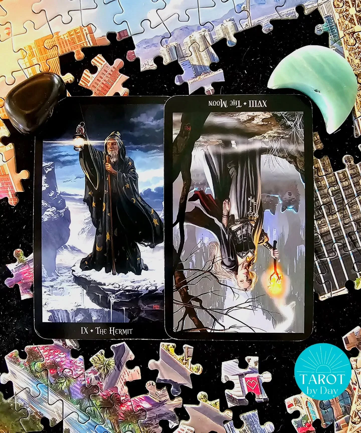 Today brings us the Hermit &amp; the Moon reversed!💡🧩🌛 A vital piece of information is still missing. We feel unable to move forward, due to something we perceive is out of our control. It could be big or small. Waiting to hear back from someone t