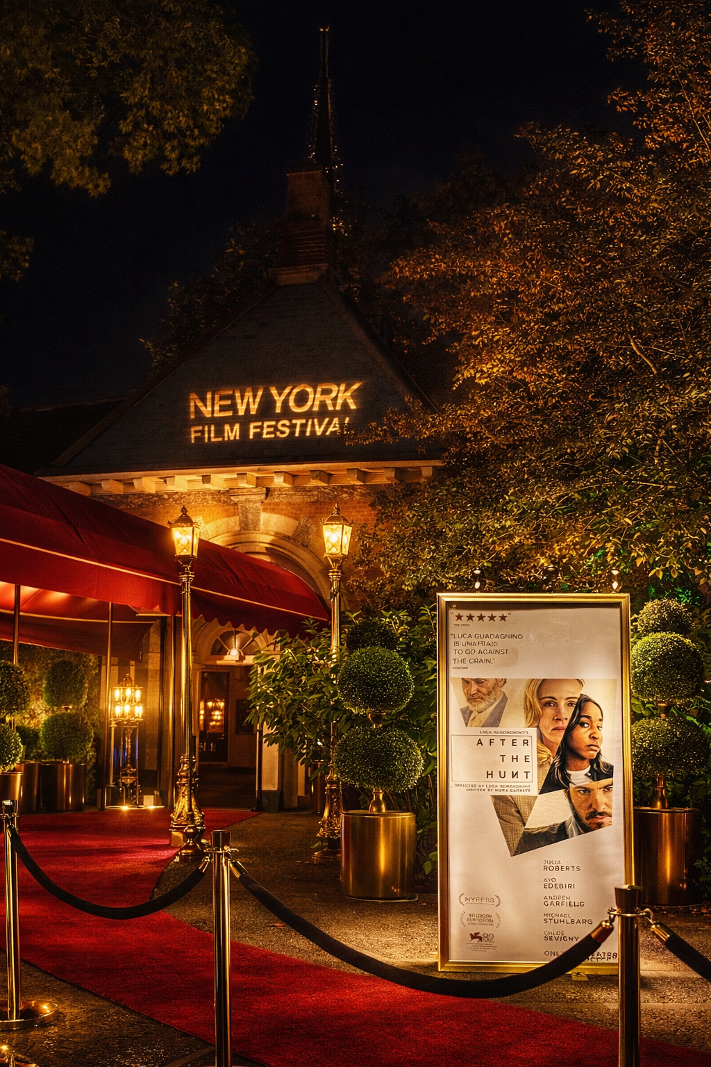 Night view of the entrance to the New York Film Festival with a red carpet, golden stanchions, potted plants, and a poster for the film 'After the Huit' featuring images of actors and director, with a building illuminated by warm lighting above.