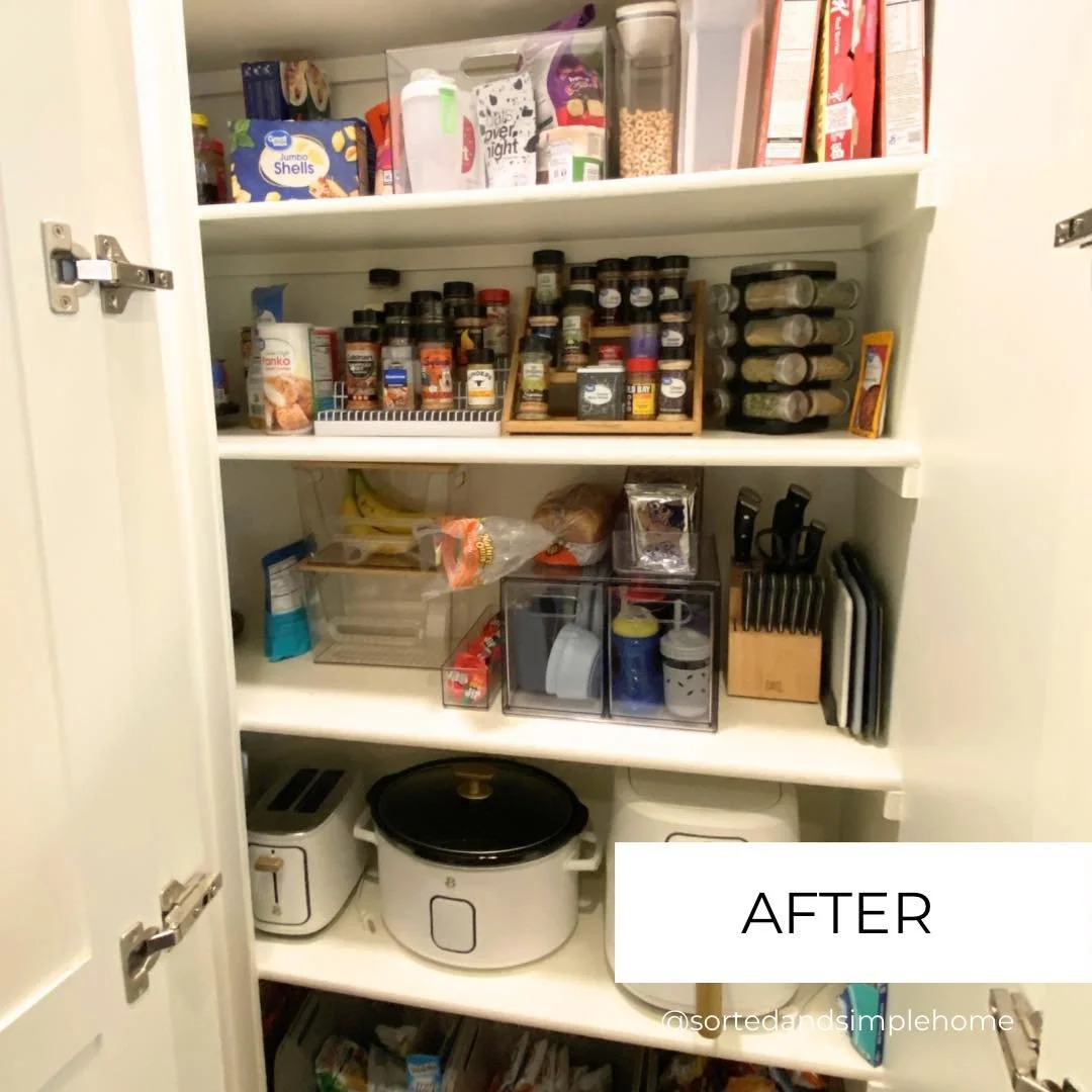 When a pantry is organized, it makes so many things easier! This pantry needed to simplify a bit and just rearrange items to make it functional and easy to access for busy family life. 

If your pantry is adding to your daily stress, send me a DM and