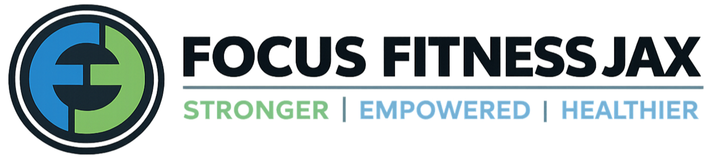Logo for Focus Fitness Jax with stylized letter E, and words 'Stronger', 'Empowered', 'Healthier' below.