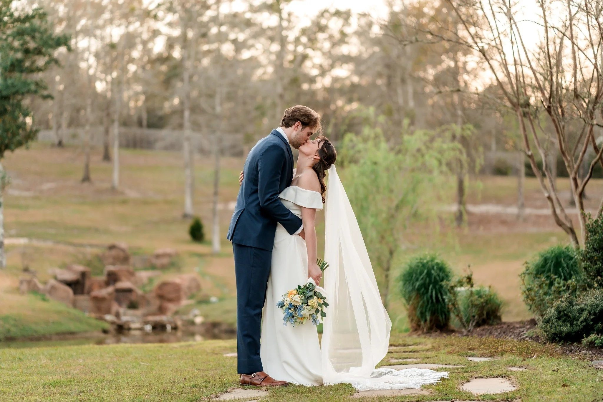 Stone waterfall wedding photo