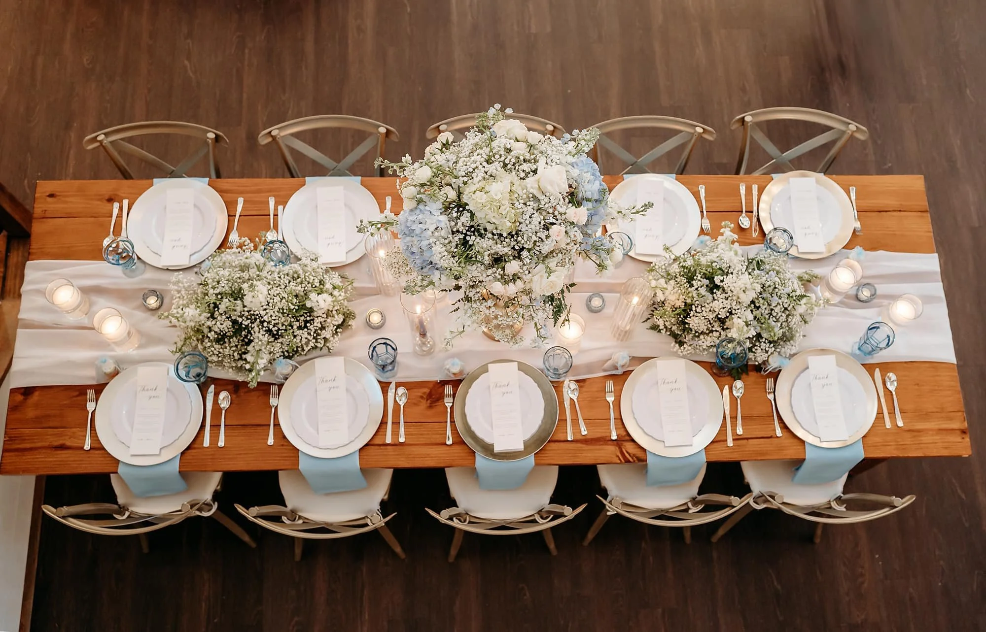 Light blue, white and silver wedding tablescape in Spanish Fort, AL.
