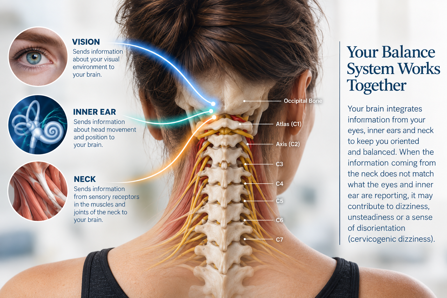Diagram showing the human neck and upper spine with labeled parts: occipital bone, atlas (C1), axis (C2), and cervical vertebrae C3 to C7. Arrows indicate how the eyes, inner ears, and neck send and receive information to and from the brain to maintain balance.