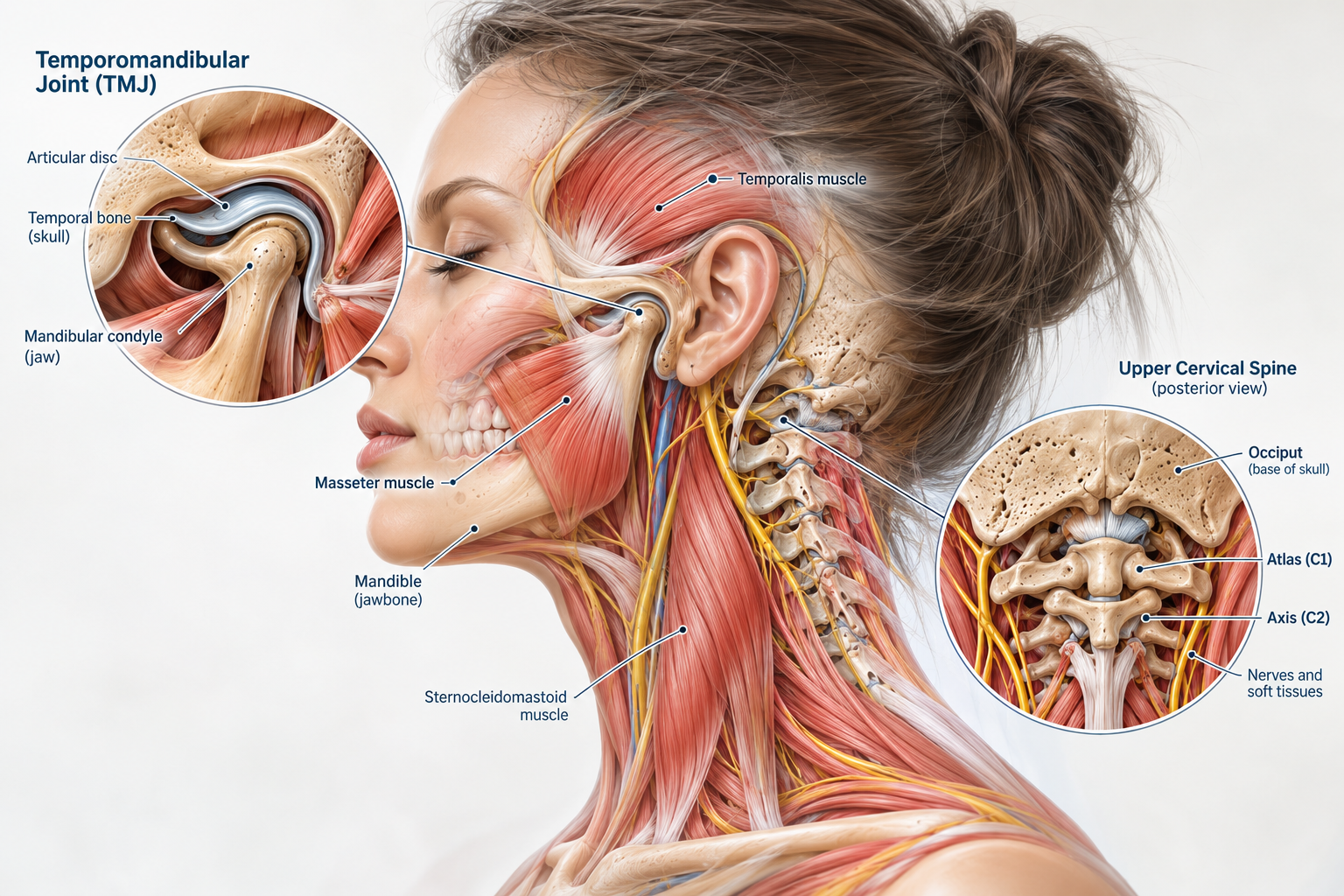 An anatomical illustration of the side view of a human head and neck showing muscles, bones, nerves, and joints, with detailed insets of the temporomandibular joint and upper cervical spine.