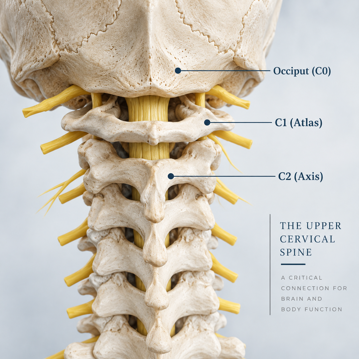 Upper cervical spine anatomy showing the occiput, atlas C1 and axis C2