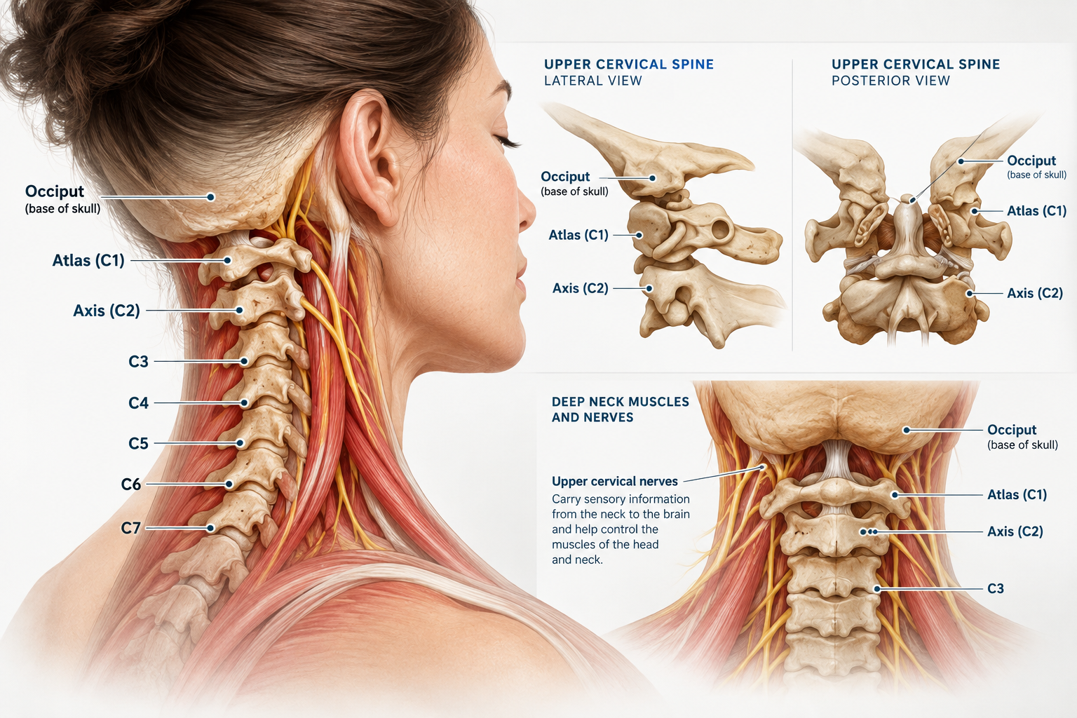 An anatomical illustration showing the upper cervical spine, deep neck muscles, and nerves with labels for occiput, atlas, axis, and cervical vertebrae C3-C7, including side and top views.