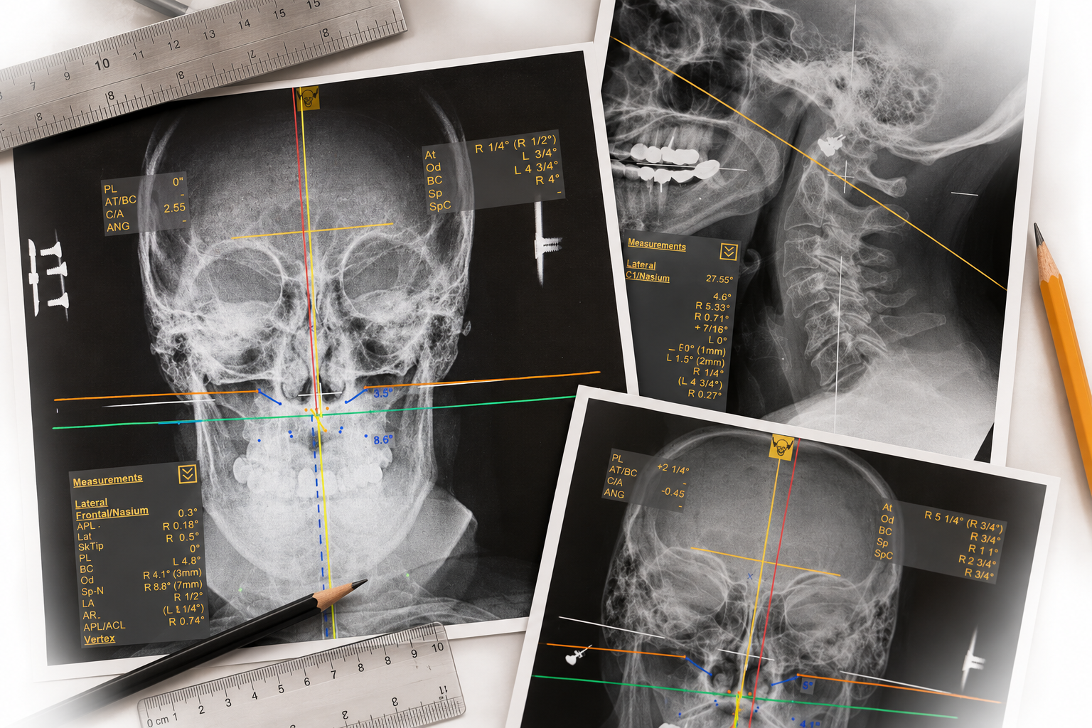 NUCCA upper cervical X-rays with alignment measurements used by Dr. Gordon during patient analysis.
