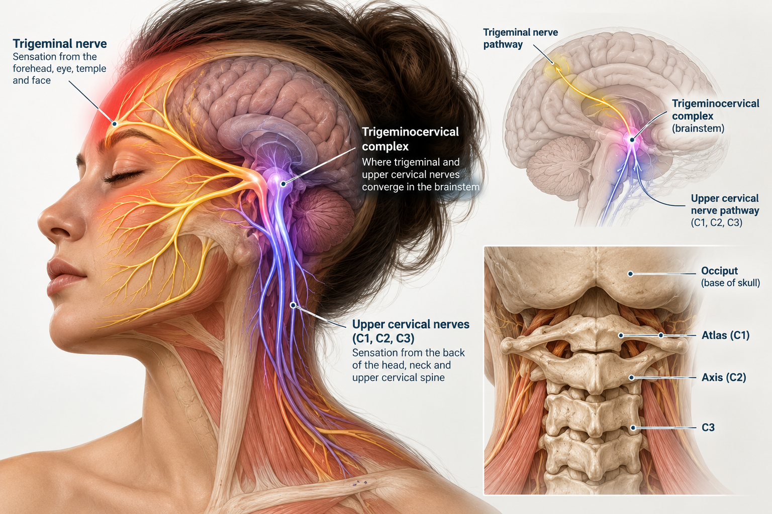 An anatomical illustration showing the trigeminal nerve pathways, upper cervical nerves, and skull base, highlighting nerve routes and sensory regions in the head and neck.