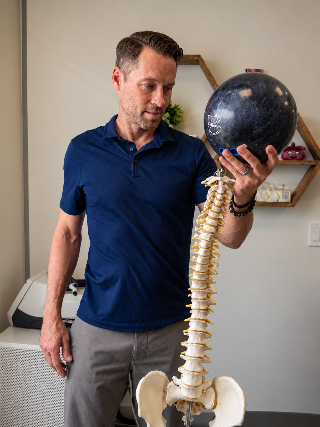 Dr. Cody Gordon holding an anatomical spine model while explaining upper cervical chiropractic care in Calgary.