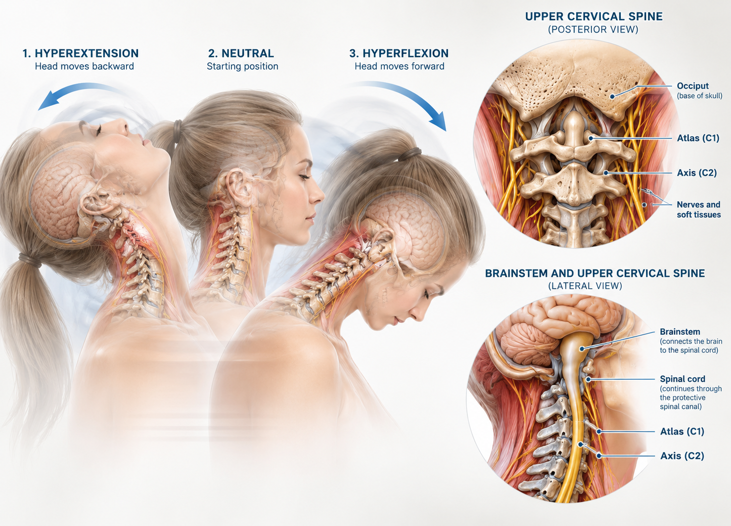 Detailed illustration of the cervical spine showing three head positions: hyperextension with head backward, neutral starting position, and hyperflexion with head forward. Close-up views of the upper cervical spine and brainstem, including labeled parts such as occiput, atlas (C1), axis (C2), nerves, soft tissues, brainstem, and spinal cord.