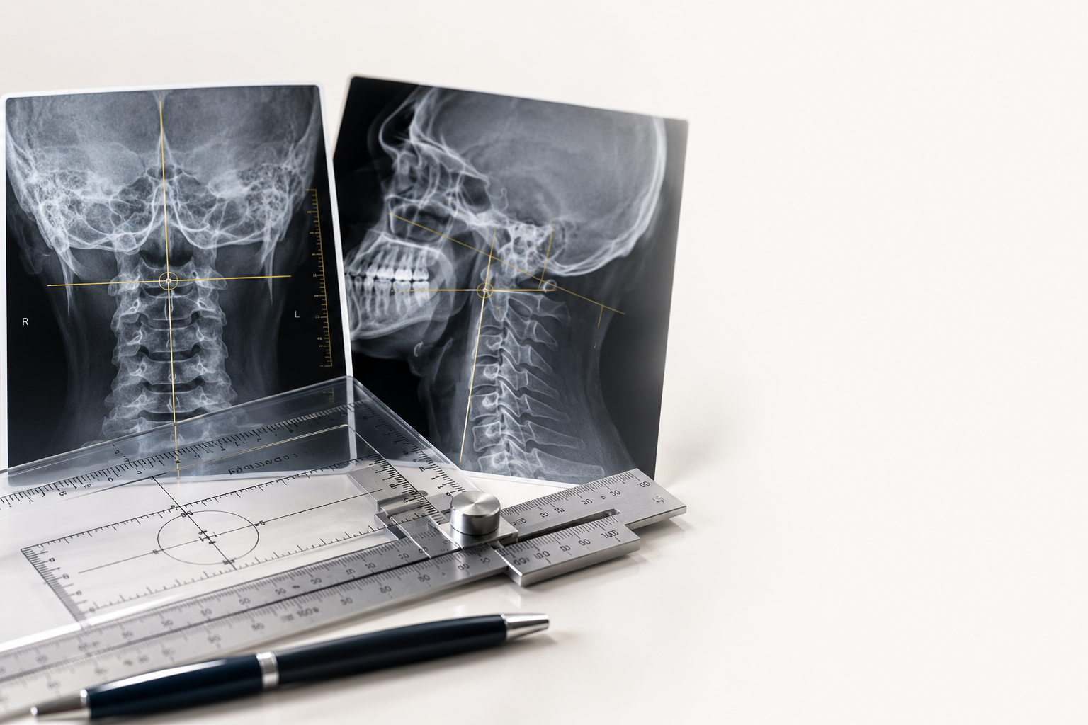 Upper cervical X-rays with precision measurement tools used to illustrate NUCCA analysis.