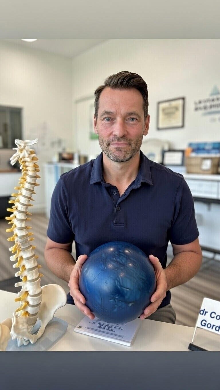 Dr. Cody Gordon, Calgary upper cervical chiropractor, with a spine model in his chiropractic clinic