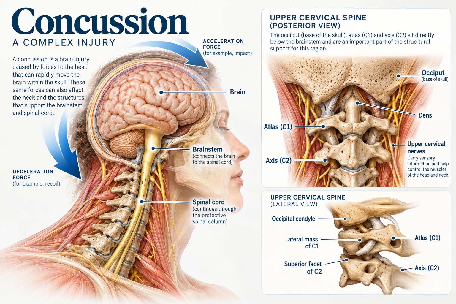 An educational infographic showing the brain and upper cervical spine. It illustrates brain structures like the brain, brainstem, and spinal cord, and details the cervical spine with labels for the occiput, atlas, axis, dens, and upper cervical nerves. The infographic explains forces involved in concussions and anatomical support for the brain and spinal cord.