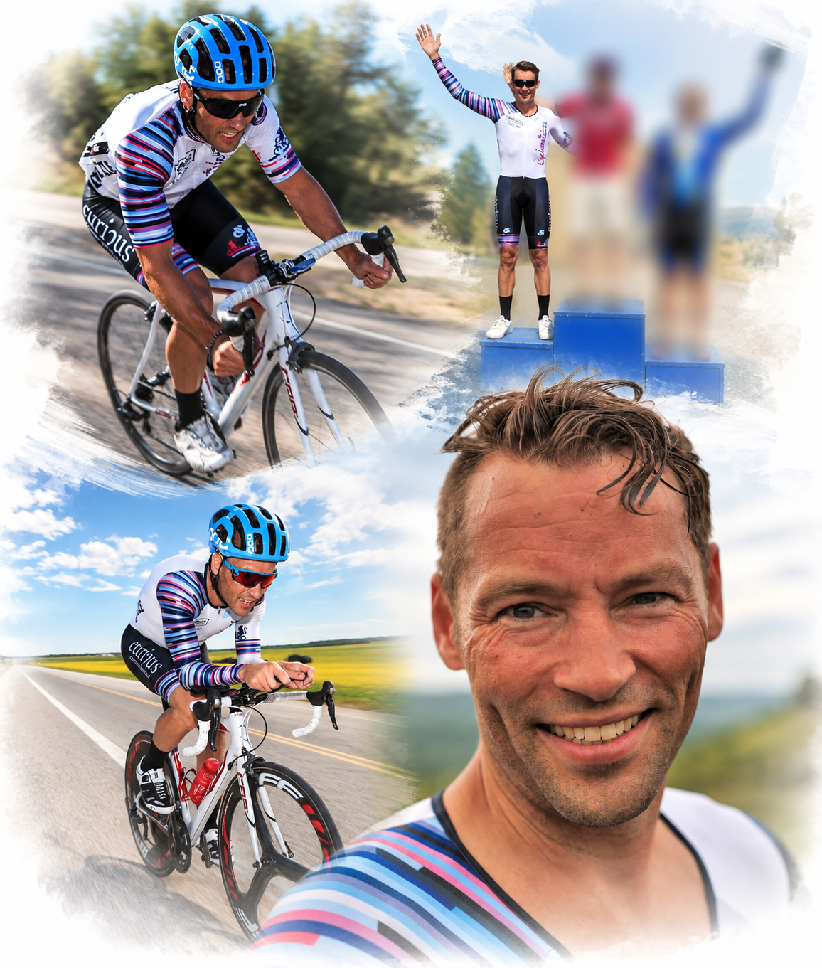 Dr. Cody Gordon competing in road cycling, including racing and podium finishes.