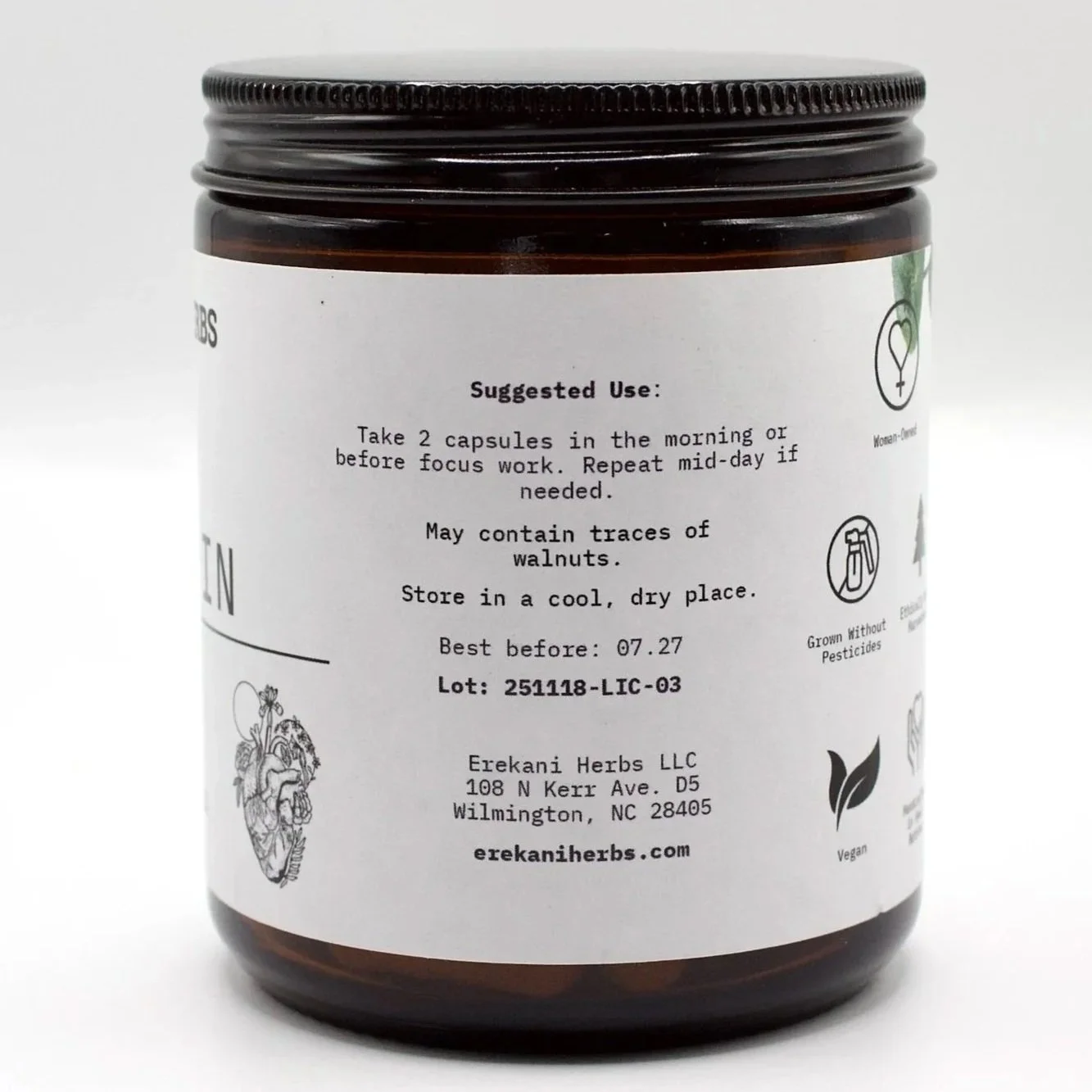 Back label of Lock In herbal capsules showing suggested use and product details