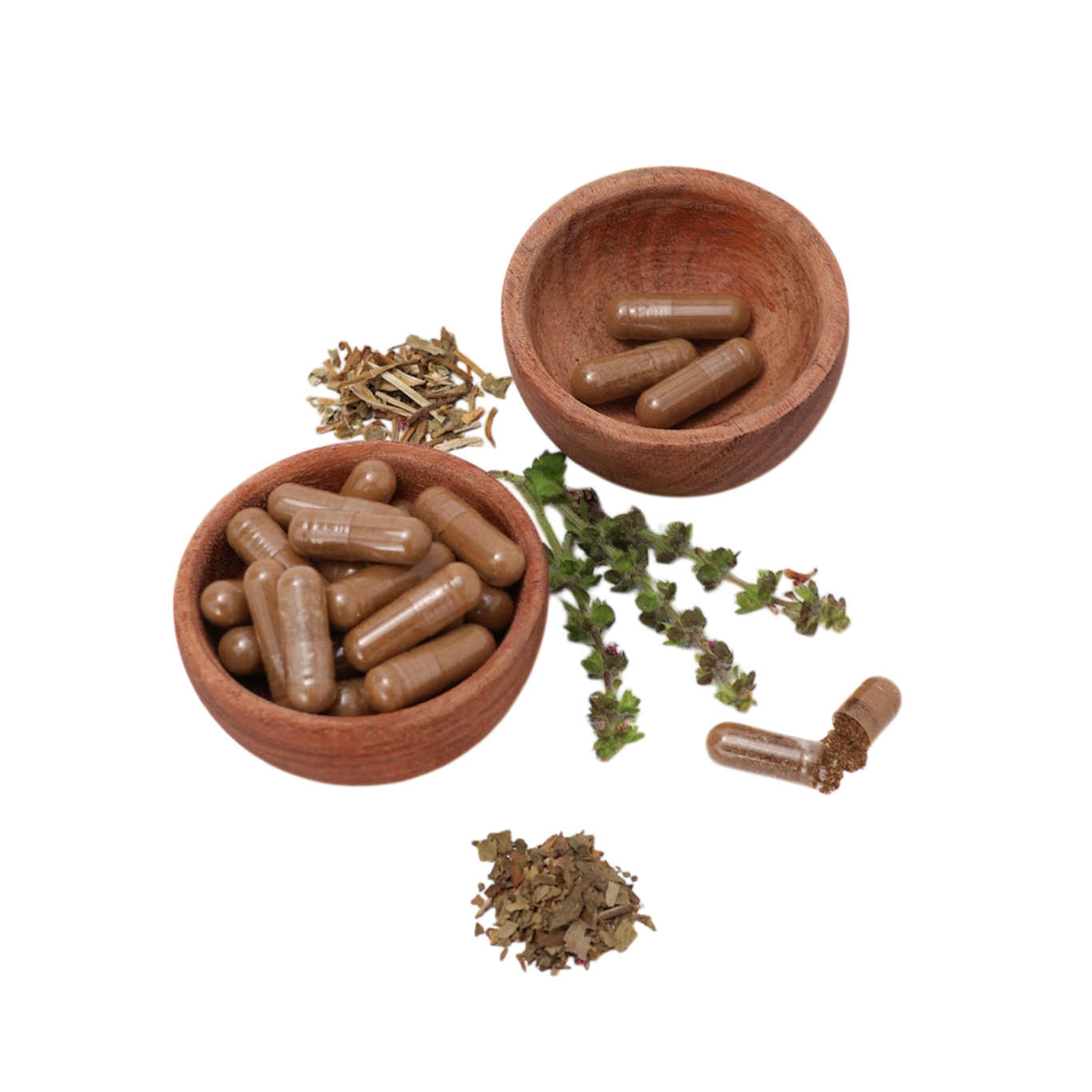 Erekani Herbs Lock In capsules designed for focus showcased in wooden bowls with herbs around
