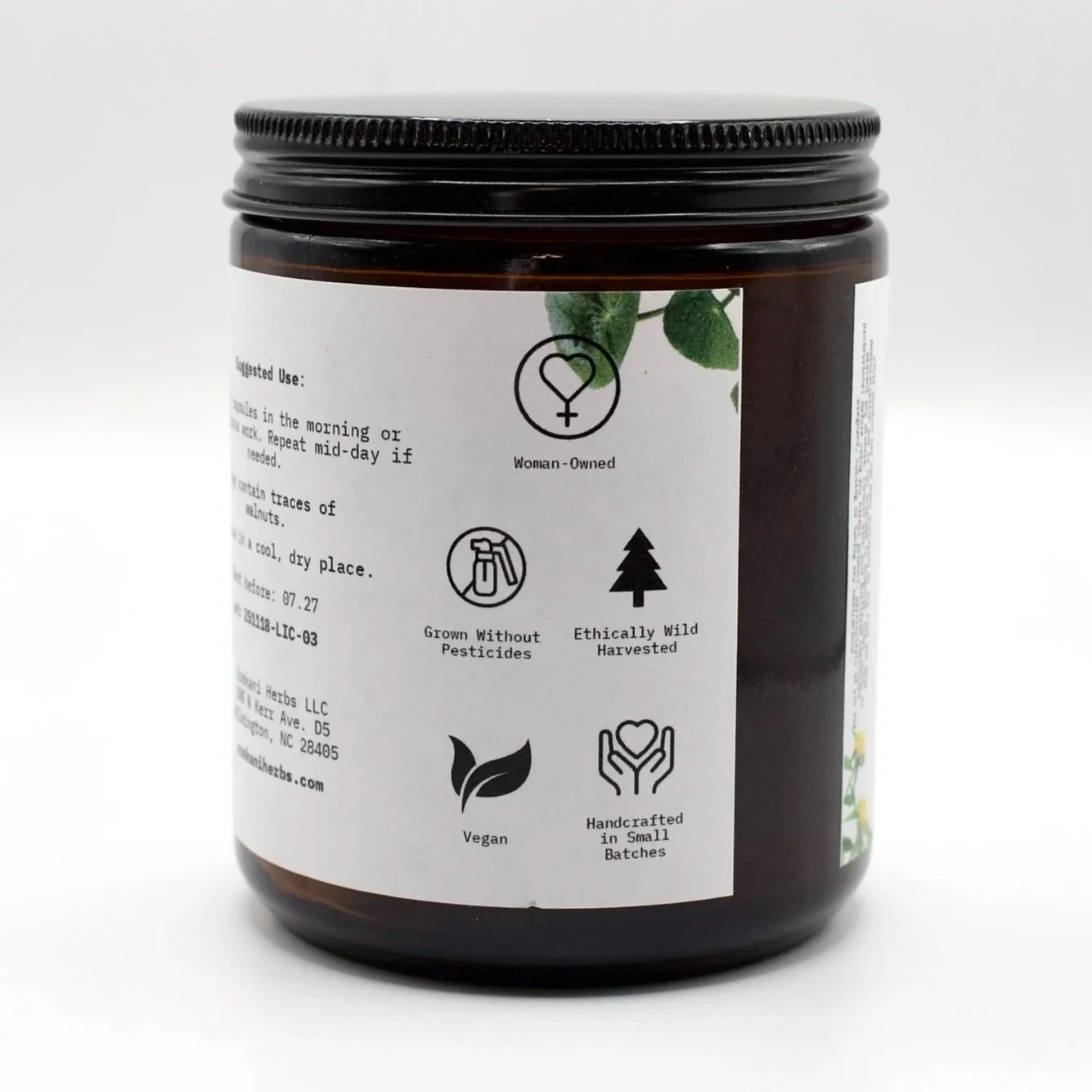 Lock In herbal capsules label highlighting vegan, ethically wildcrafted and small batch production