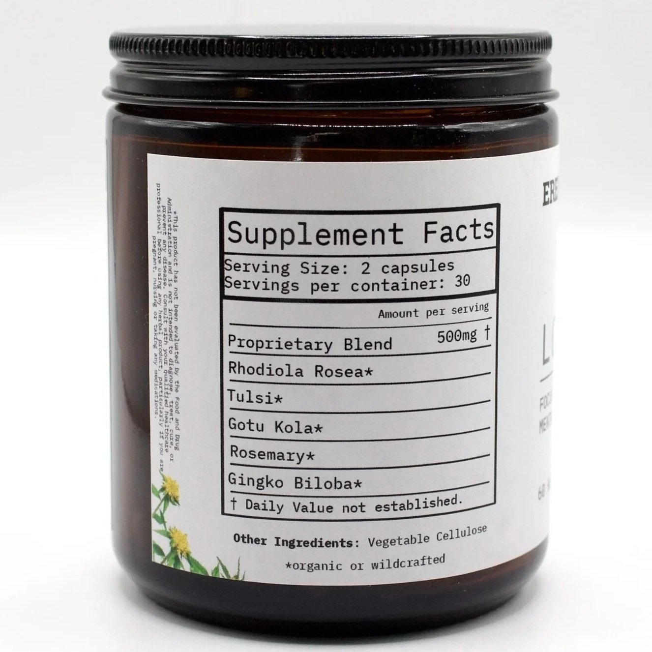 Supplement facts panel for Lock In herbal capsules with rhodiola, tulsi, gotu kola, rosemary and ginkgo