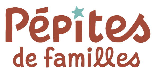 Logo avec le texte 'Pépite de familles' en style ludique, couleurs marron et une étoile bleue
