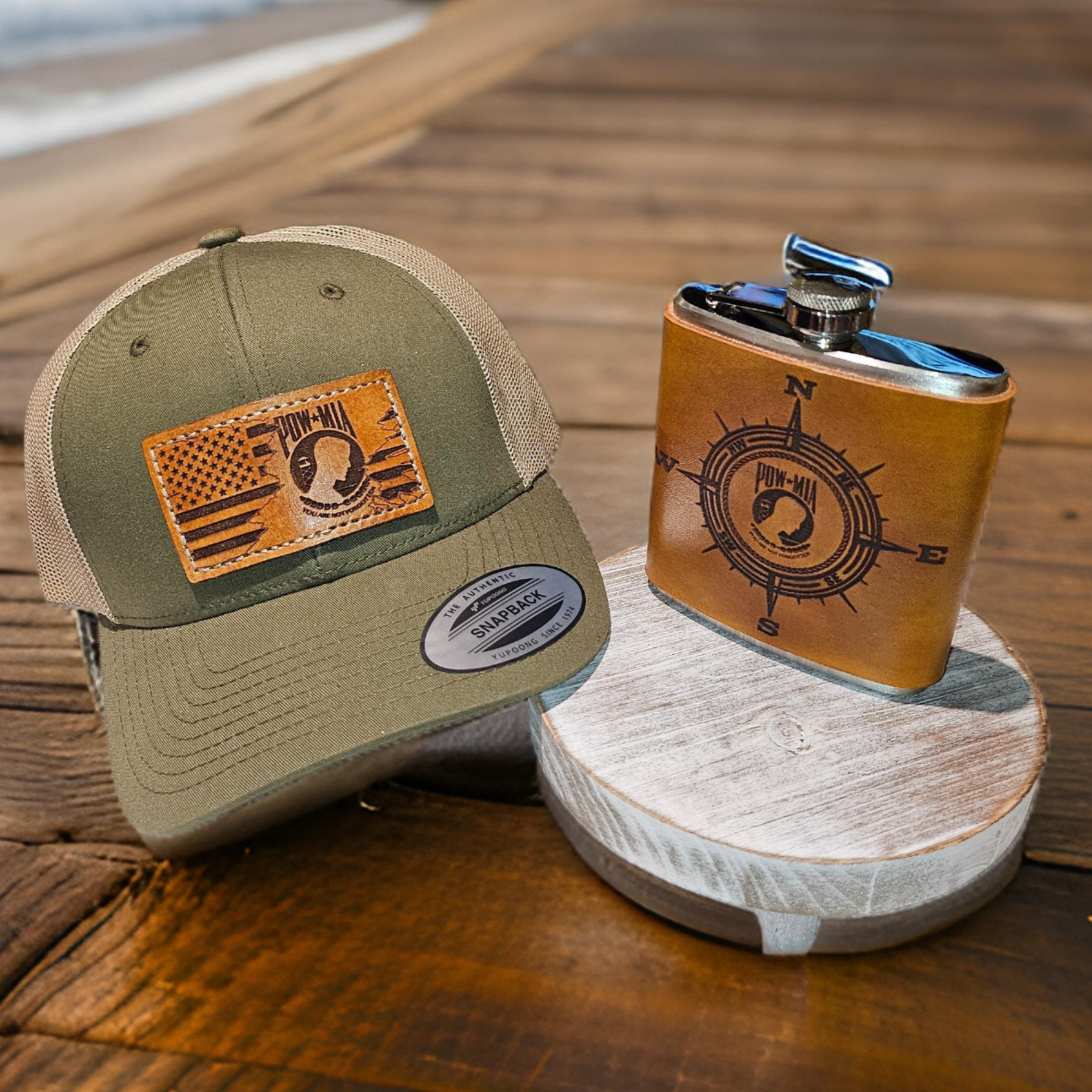 POW/MIA matching hat and flask with laser engraving