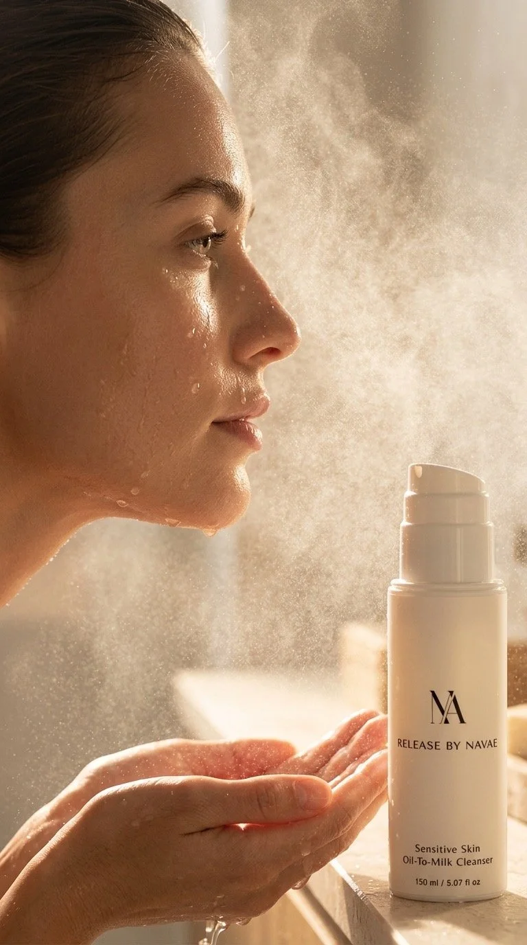 Close-up van een vrouw die een huidverzorgingsproduct op haar gezicht aanbrengt, met de spray van een schoonheidsproduct in de hand, in een lichte en warme omgeving.