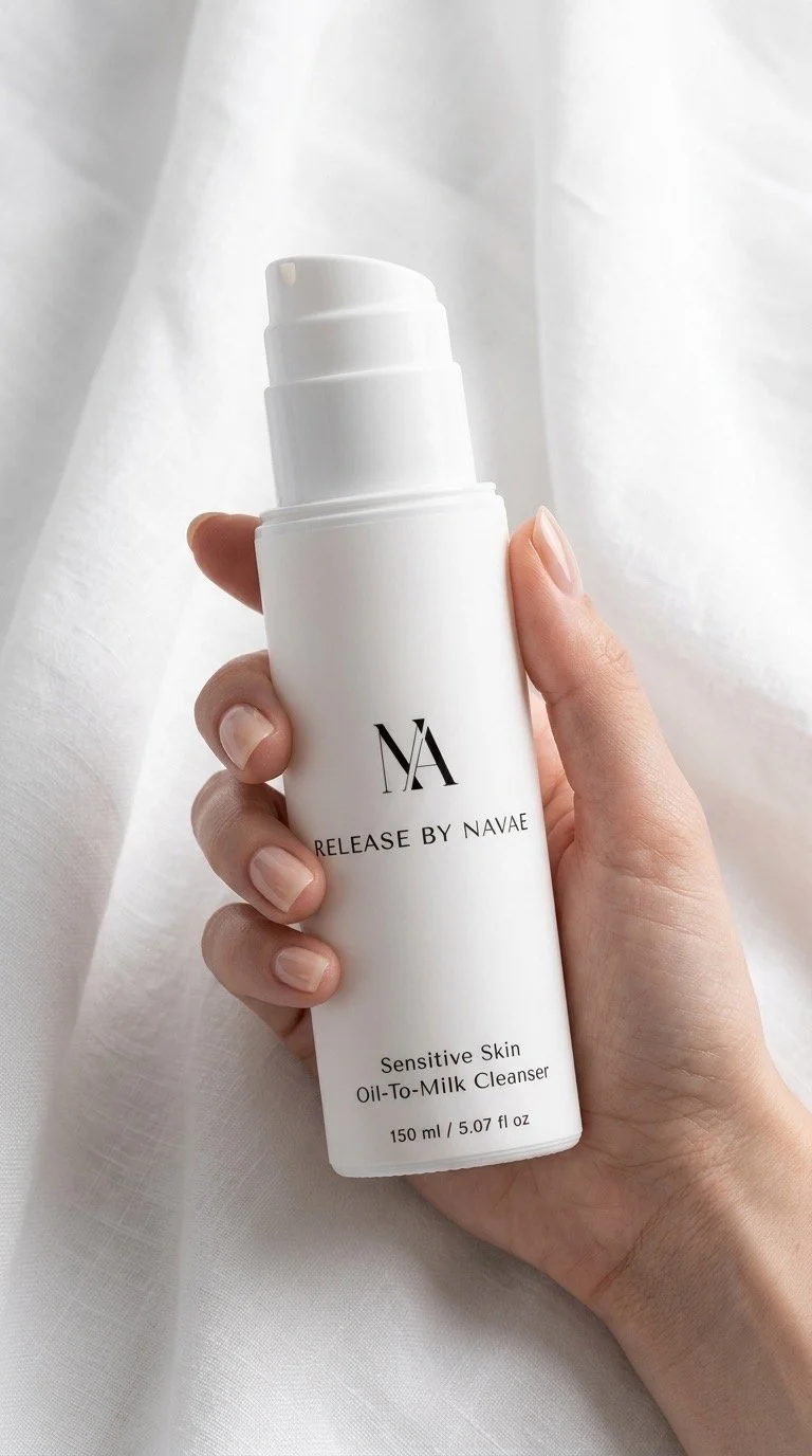 Hand die een witte fles met een pompstation vasthoudt, labelt als ''Sensitive Skin Oil-To-Milk Cleanser''.