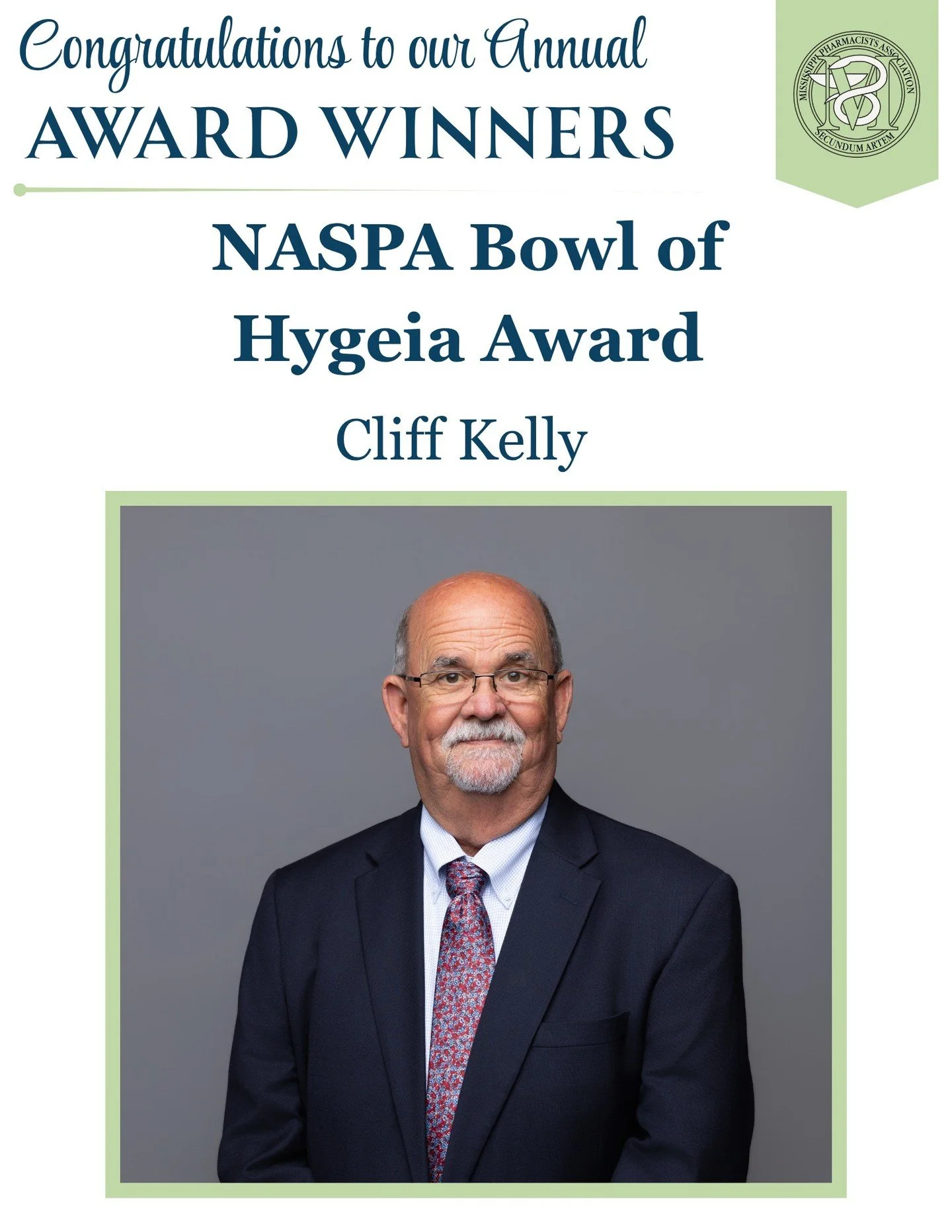 🎉 Congratulations to James Cliff Kelly, recipient of the NASPA Bowl of Hygeia Award!

Presented by the American Pharmacists Association and the National Alliance of State Pharmacy Associations (NASPA), with support from Boehringer Ingelheim, the Bow