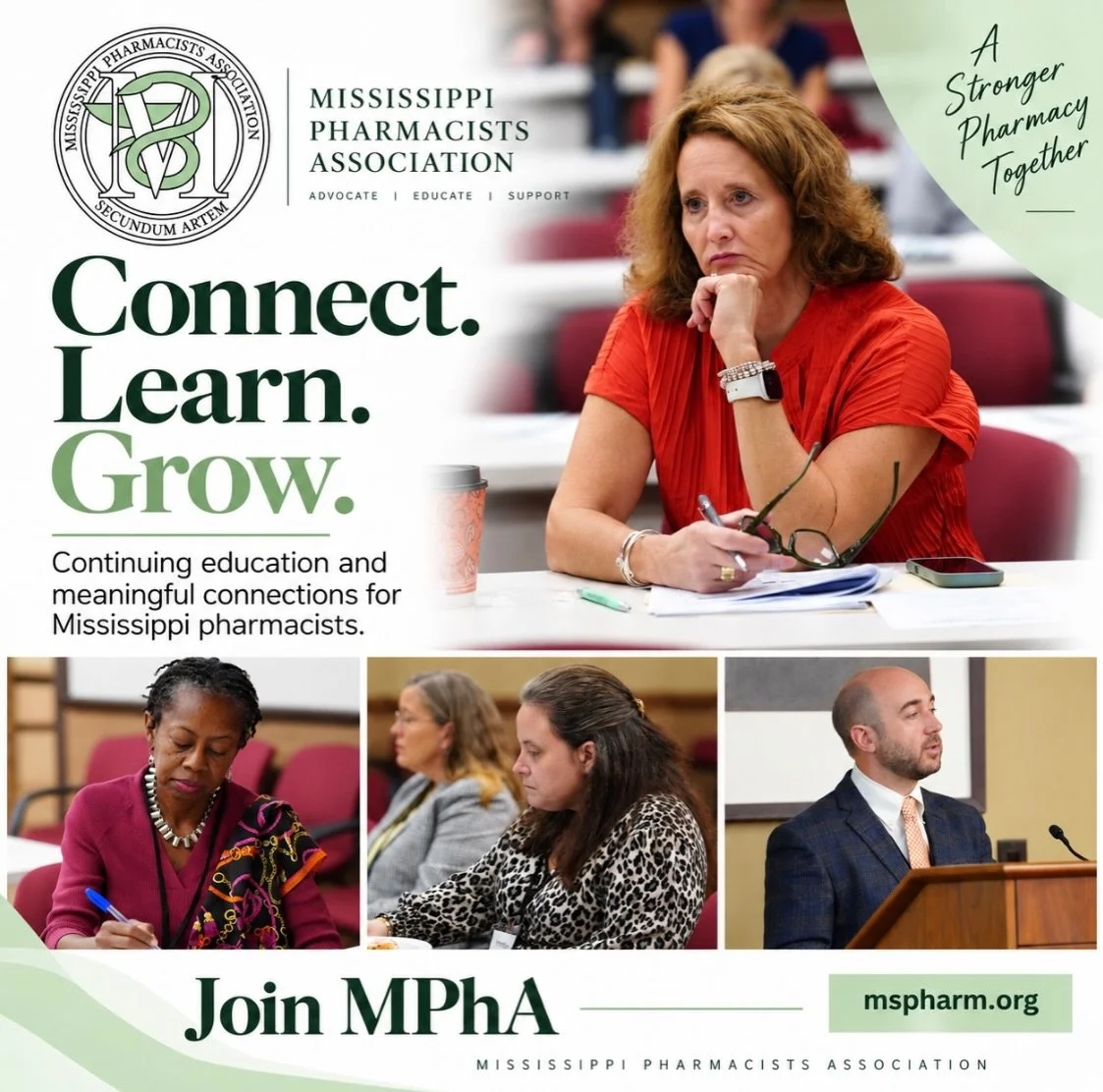 Connect. Learn. Grow.

MPhA brings Mississippi pharmacy professionals together through continuing education, networking, and opportunities to stay connected with the profession across our state.

There&rsquo;s more to gain when we grow together. Your