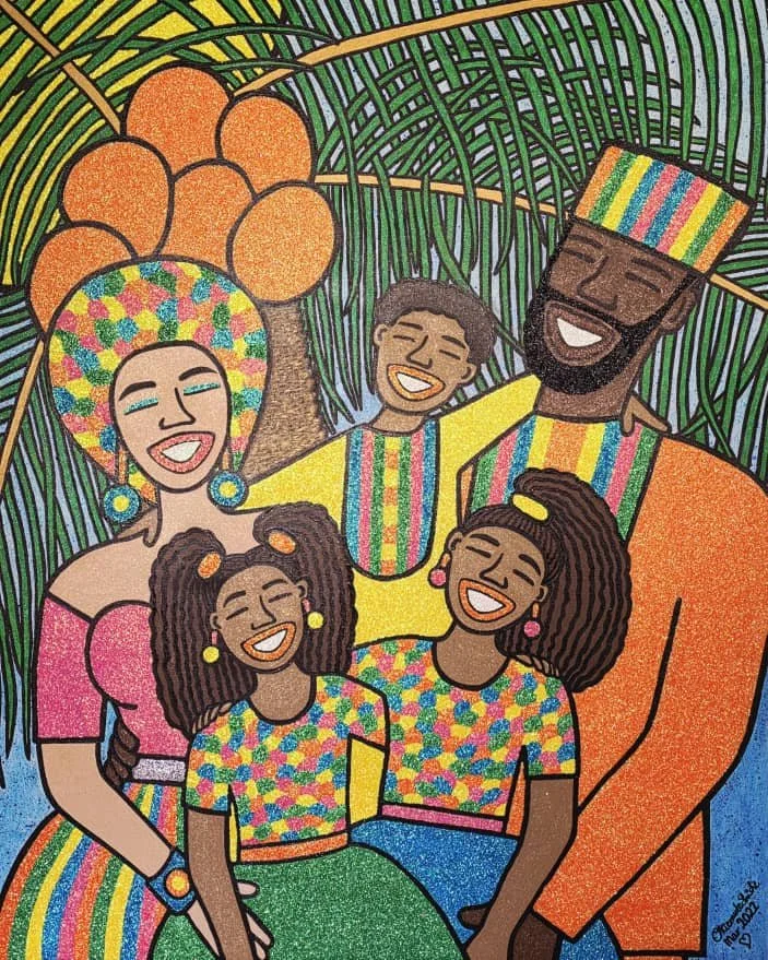 Sweet Life, 2022.
Acrylic and glitter on canvas. 
48 x 60 in (121.92 x 152.4 cm). 
Family Series.