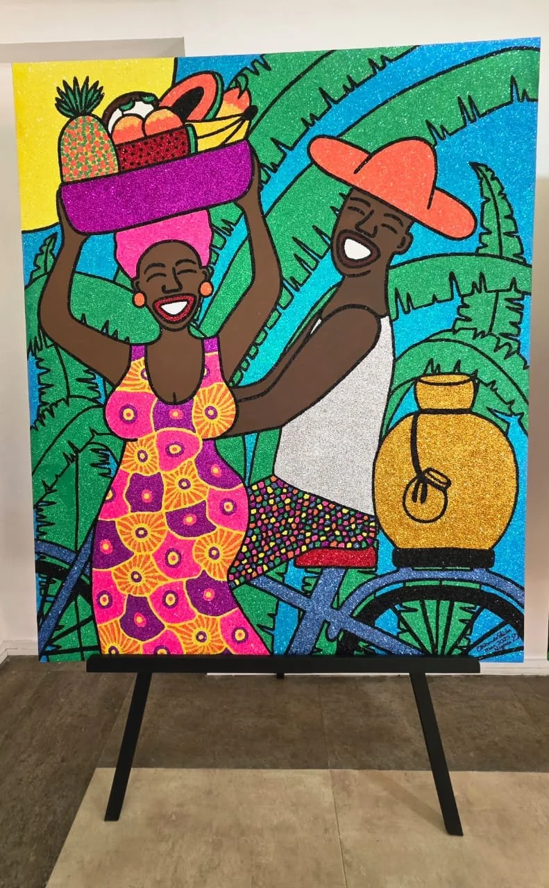For the love of palm wine and women, 2025.
Acrylic and glitter on canvas. 
60 x 72 in.
Available