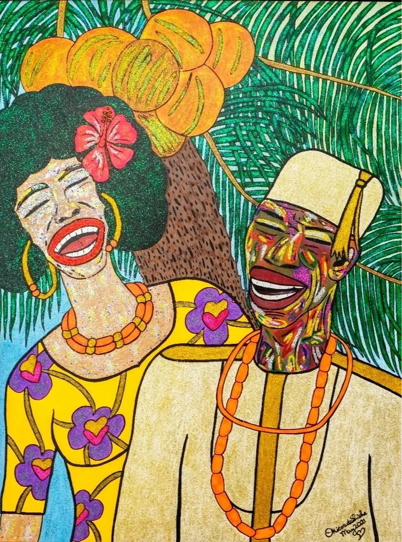 Love under the Coconut Tree, 2020. 
Acrylic and glitter on canvas. 
36 x 48 in (91.4 x 121.92 cm).
Family Series.