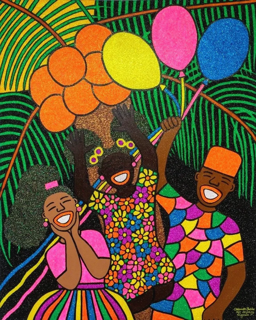 Happy Childhood, 2023. 
Acrylic and glitter on canvas. 
48 x 60 in (121.92 x 152.4 cm). 
Family Series.