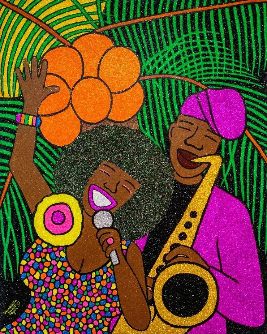 The Sweet Sound of Friendship, 2023.
Acrylic and glitter on canvas. 
48 x 60 in (121.92 x 152.4 cm). 
Family Series.