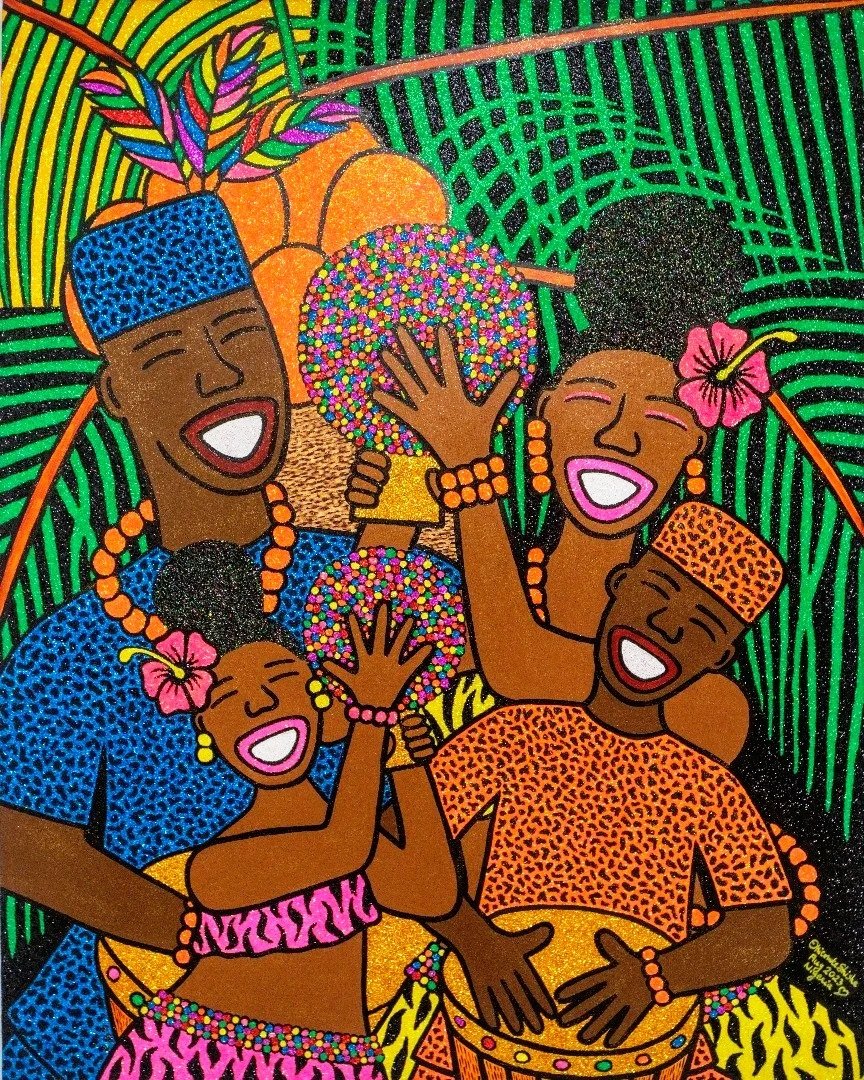 Tribe, 2023.
Acrylic and glitter on canvas. 
48 x 60 in (121.92 x 152.4 cm). 
Family Series.