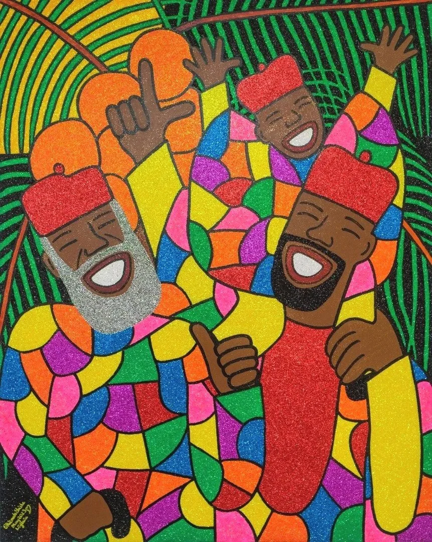 Fathers and Sons, 2023.
Acrylic and glitter on canvas. 
48 x 60 in (121.92 x 152.4 cm). 
Family Series.
