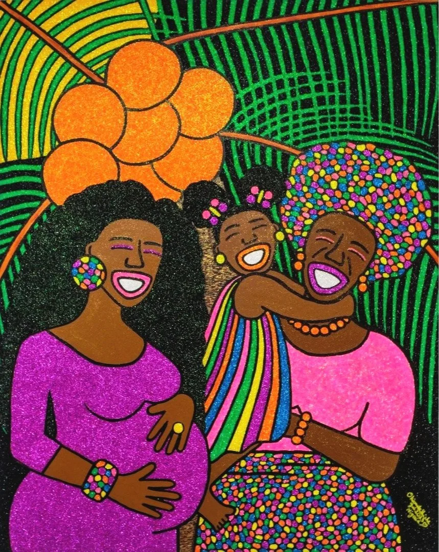 Mothers and Daughters, 2023.
Acrylic and glitter on canvas. 
48 x 60 in (121.92 x 152.4 cm). 
Family Series.