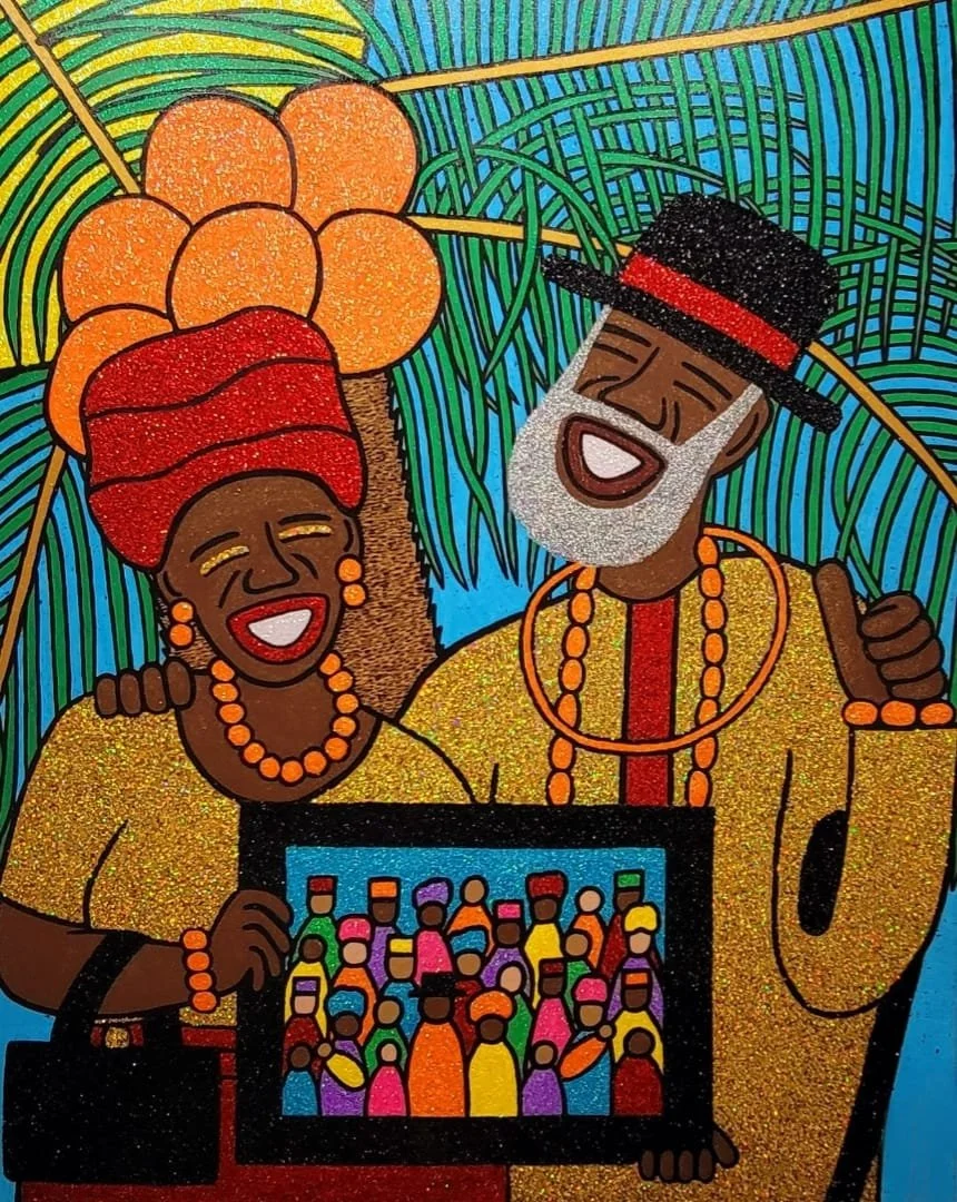 Becoming Ancestors I, 2022.
Acrylic and glitter on canvas.
48 x 60 in.
Available