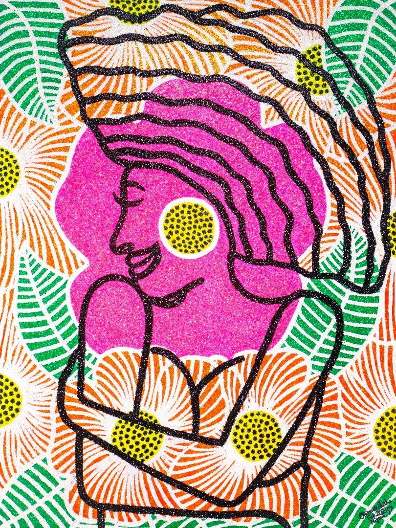 Self-Love II, 2023. 
Acrylic and glitter on canvas. 
36 x 48 in (91.4 x 121.92 cm). 
Blooming Beauty Series.