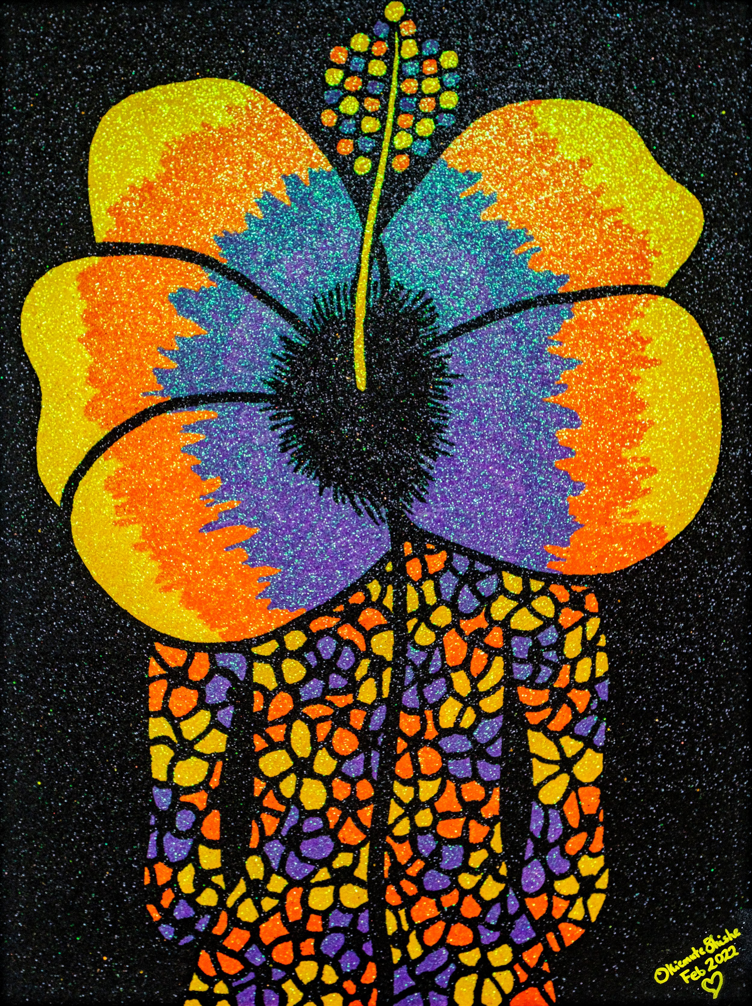 Beauty in Full Bloom I, 2022. 
Acrylic and glitter on canvas. 
36 x 48 in (91.4 x 121.92 cm). 
Blooming Beauty Series.
