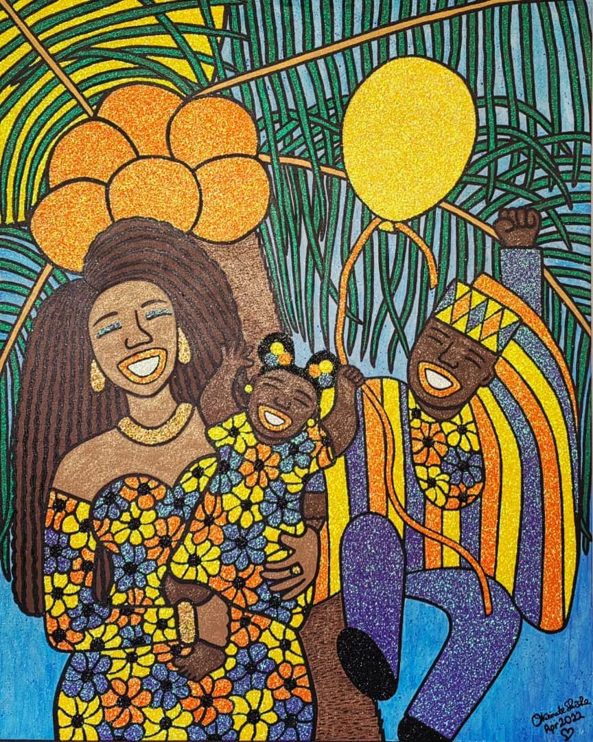 Sweet Life, 2022.
Acrylic and glitter on canvas. 
48 x 60 in (121.92 x 152.4 cm). 
Family Series.