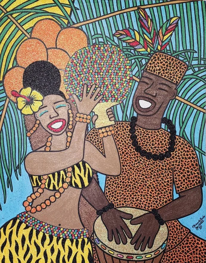 Love under the Coconut Tree, 2022. 
Acrylic and glitter on canvas. 
36 x 48 in (91.4 x 121.92 cm).
Family Series.
