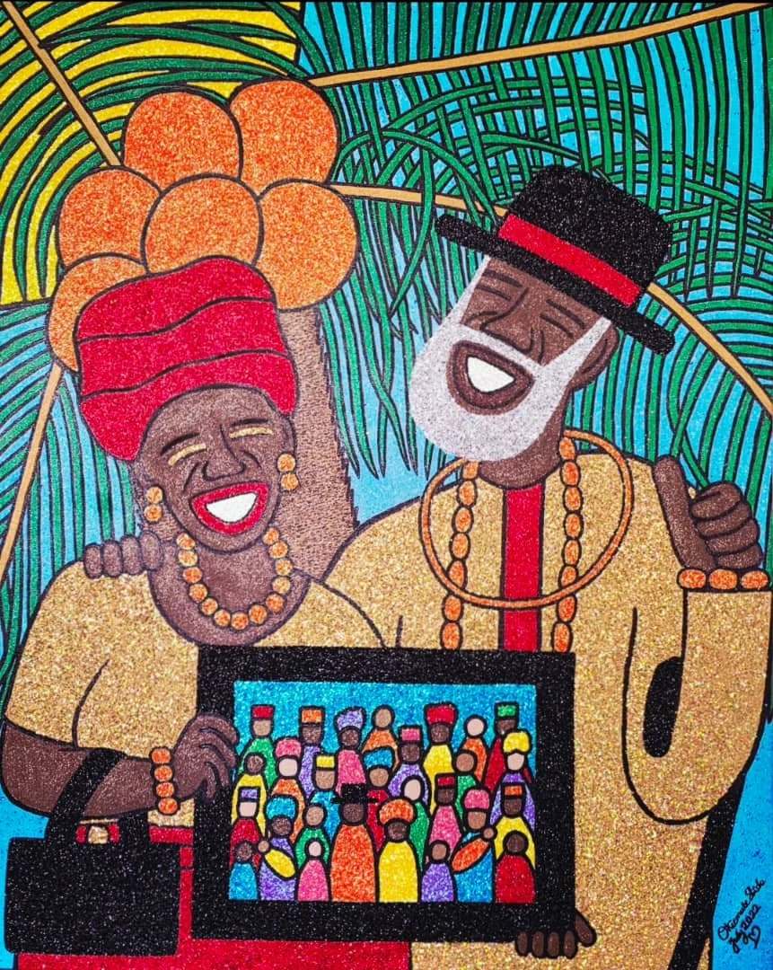 Sweet Life, 2022.
Acrylic and glitter on canvas. 
48 x 60 in (121.92 x 152.4 cm). 
Family Series.